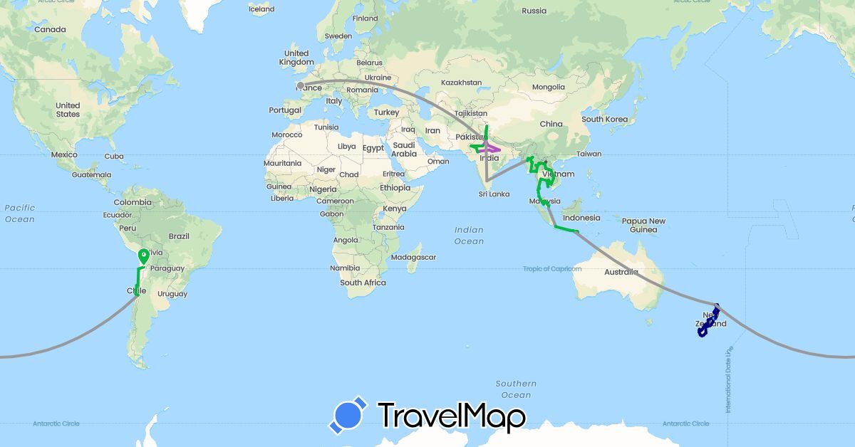 TravelMap itinerary: driving, bus, plane, train, boat, motorbike in Chile, France, Indonesia, India, Cambodia, Laos, Myanmar (Burma), Malaysia, New Zealand, Singapore, Thailand (Asia, Europe, Oceania, South America)